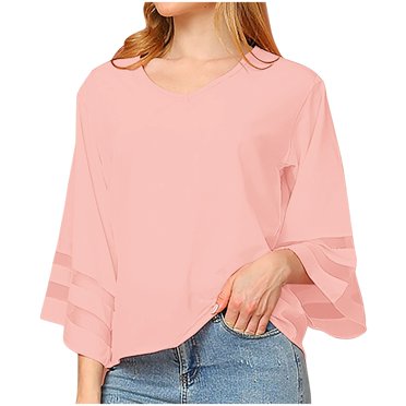 Timegard Tops for Women Chiffon V-Neck Mesh 3/4 Sleeve Flowy Tee Shirts Dressy Casual Loose Tops Blouse