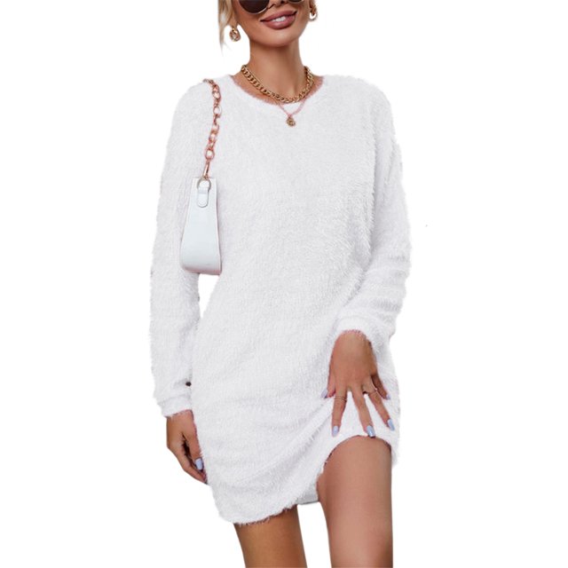 LUXUR Robe Chandail pour Femmes Chandail en Peluche Chandail à Manches Longues Mini Robes Ample en Molleton Blanc 2TG
