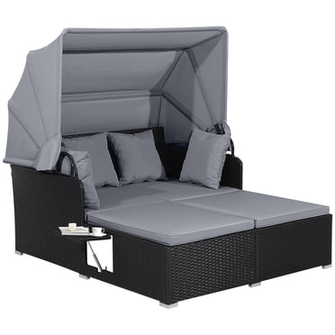 Gymax Rattan Daybed Lounge with Retractable Canopy, Gray