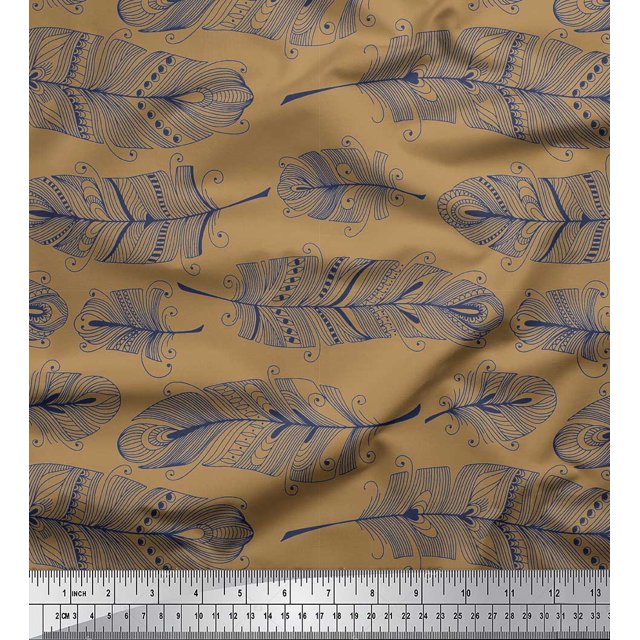 Soimoi Brown Poly Georgette Fabric Tribal Feather Printed Fabric 1 Yard 52 Inch Wide