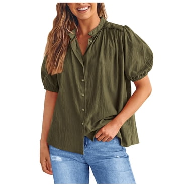 AherBiu Womens Button Down Shirts Short Sleeve V Neck Summer Casual Loose Tops Ladies Cute Blouse