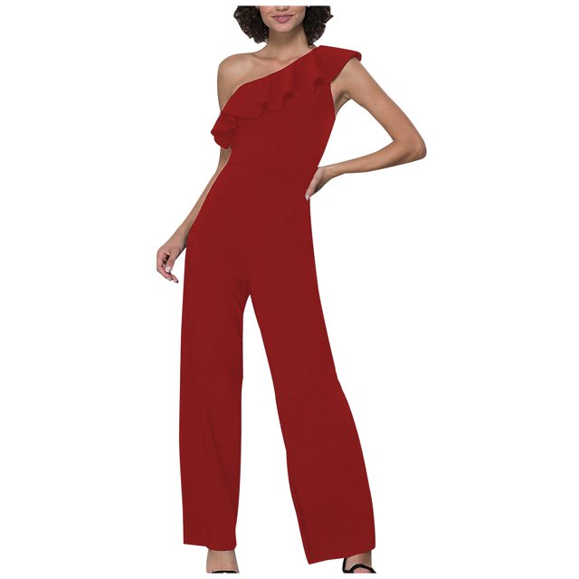 Yuyuzo Women Rompers 1 Shoulder Sleeveless Ruffle High Waist Loose Wide Leg Pants Elegant Jumpsuits