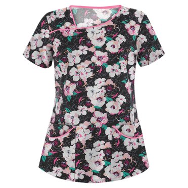 RKSTN Femmes Uniforme de Travail Mode Imprimé Floral Manches Courtes Col Hauts Poches Blouse Chemise