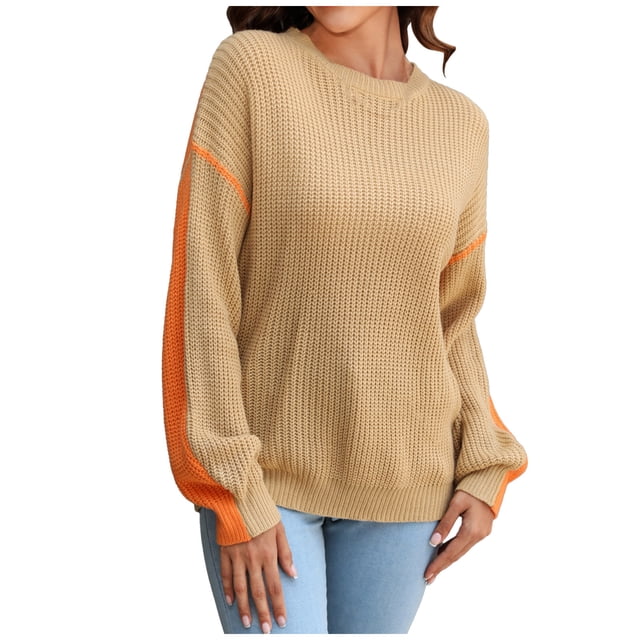 RKSTN Sweaters for Women Casual Mode Couleur Contraste Tricot Pull Manches Longues Col Rond Pull Automne Sweaters