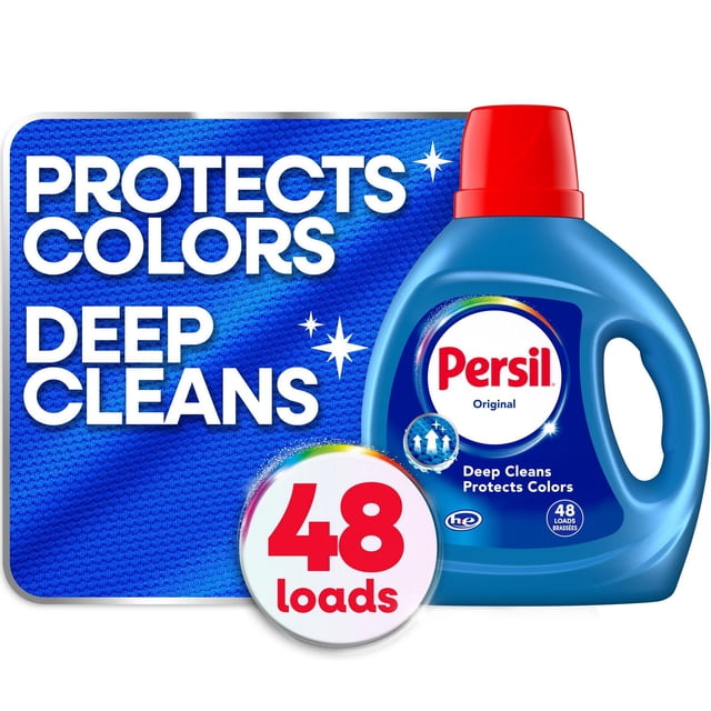 Persil Original Everyday Clean Liquid Laundry Detergent 1.86L bottle with red cap and blue container, labeled for 48 wash loads, HE compatible, featuring deep cleaning and color protection claims on a blue textured background.