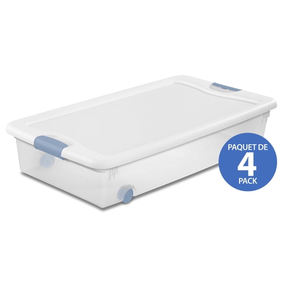 Sterilite Bac à loquets de 53 L, à roulettes, bac de rangement en plastique transparent avec couvercle et loquet bleu pâle, 4 Pk