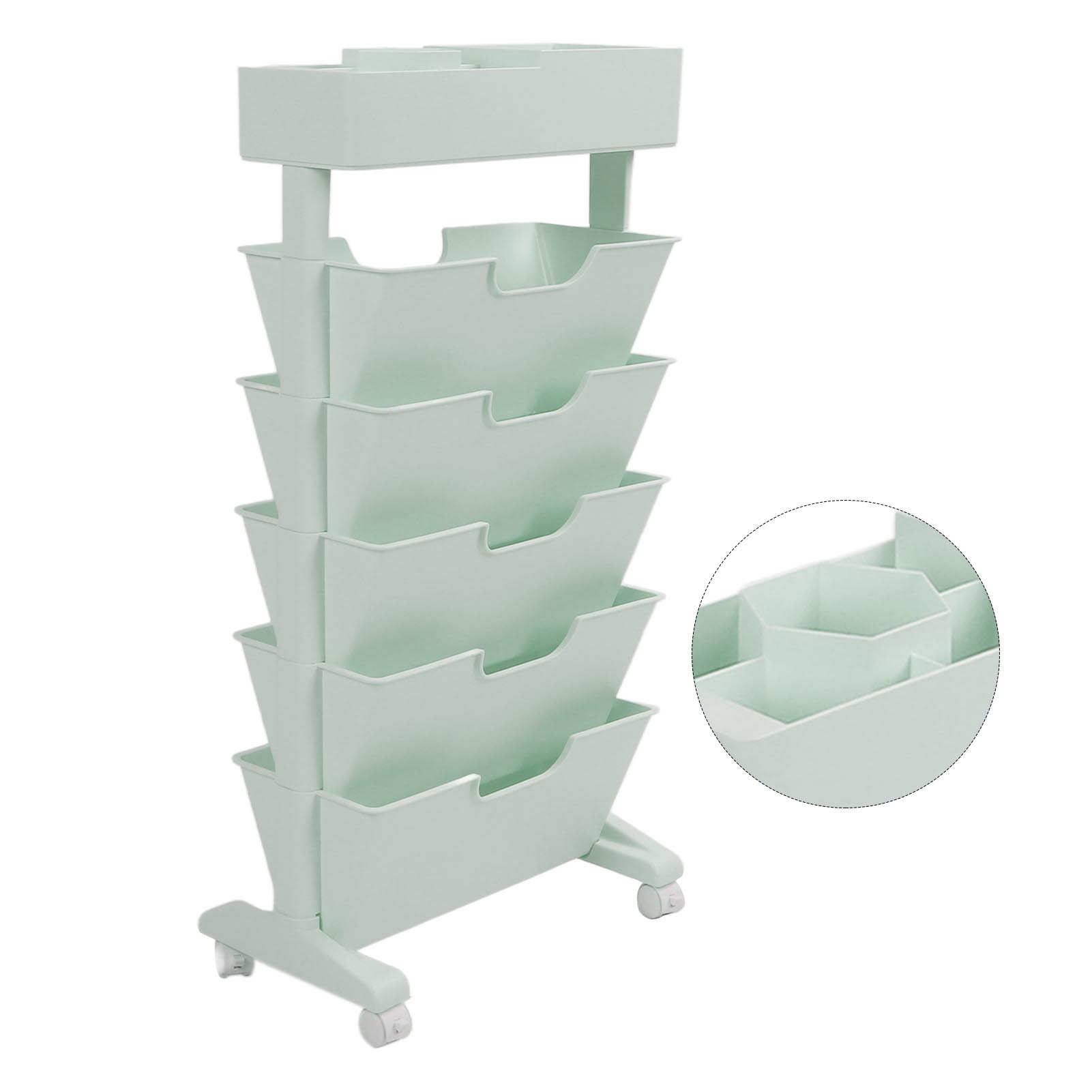 Rolling Bookshelf, 5 Tier Movable Book Storage Organizer Shelf for Kids Students Study in Classroom Bedroom Living Room, Removable Bookcase Multilayer Storage Rack