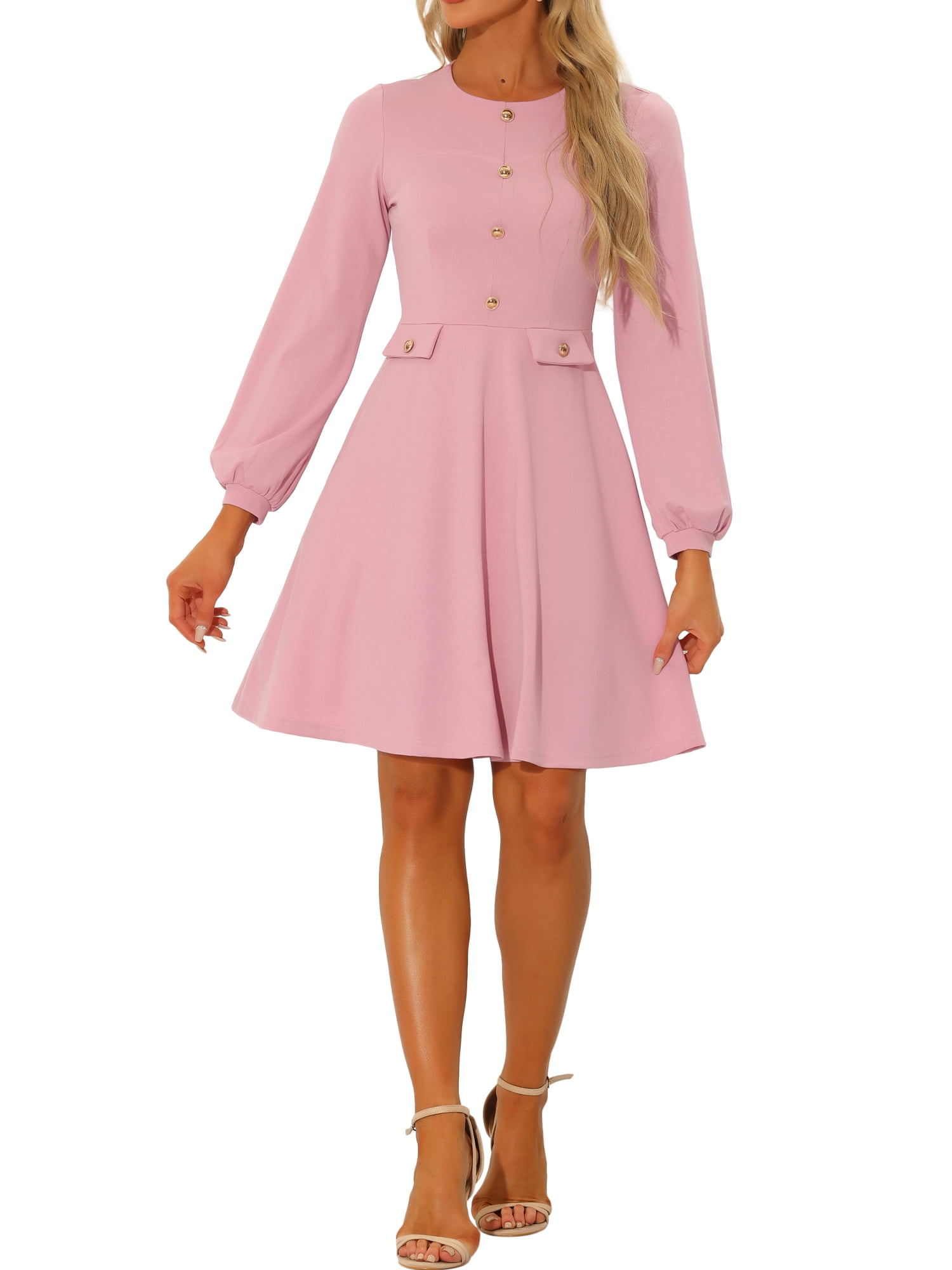 INSPIRE CHIC Women's Contrast Button Decor Long Sleeve Wear-to-Work Dress L Pink