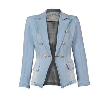 Oversized Jean Jacket for Women Denim Blazer Suit for Women Notch Collar Business Casual Denim Long Sleeves Lapel Double Breasted Jean Jacket S-1 Light Blue M
