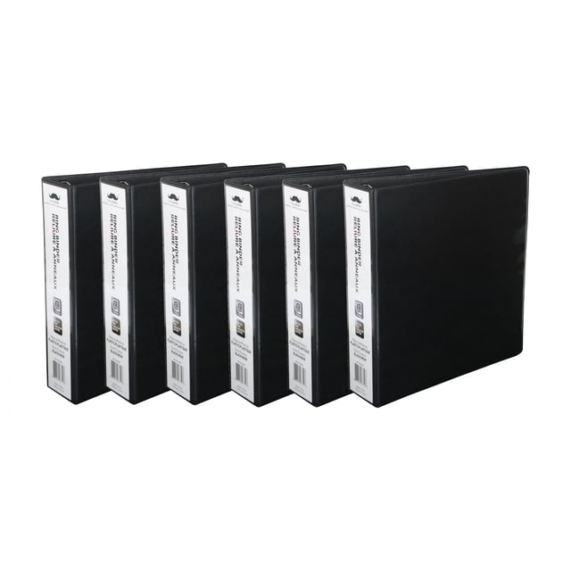 Moustache 6/Pack 2" D-Ring Binder, 3 Rings, Letter Size, Black. The image shows six black binders with 2-inch D-rings and a 3-inch spine, designed for letter-sized documents. Each binder features back-mounted rings for flat page alignment, two interior pockets, and a capacity of 650 sheets. Made with 50% post-consumer recycled content.