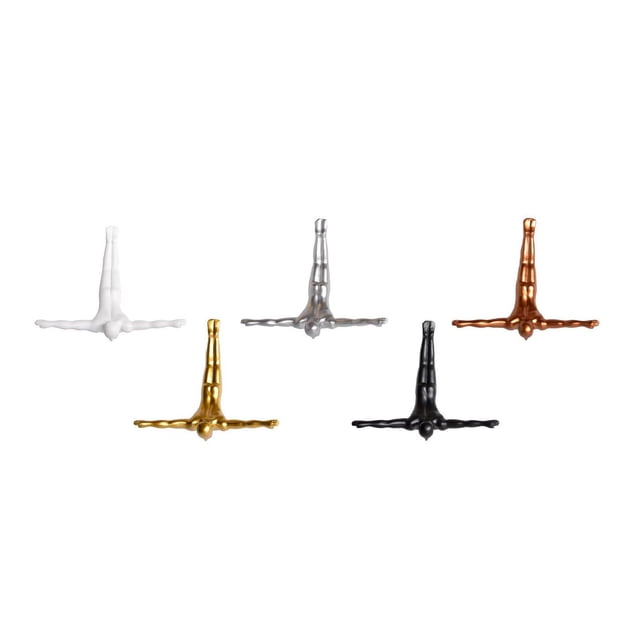 WALL DIVER 3-PACK of five resin 3-D sculptural wall art pieces shaped as divers in a horizontal dive pose, finished in white, silver, copper, gold, and black, designed for indoor use and easy installation, suitable for adding unique decorative accents to home interiors.