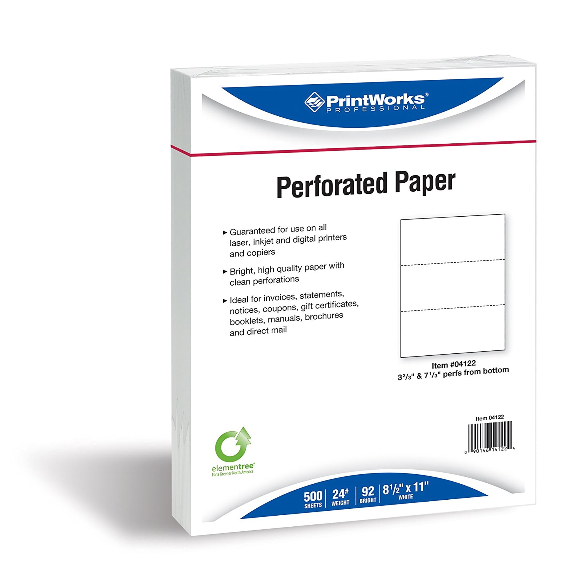 PrintWorks Professional Perforated Paper for Statements, Invoices, Gift Certificates, Coupons and More, 8.5 x 11, 24 lb, 2 Horizontal Perfs 3 2/3" and 7 1/3" From Bottom, 2500 Sheets, White (04122C)