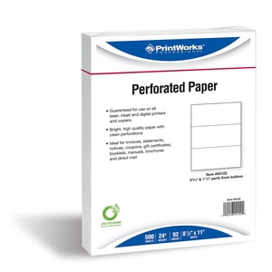 PrintWorks Papier perforé professionnel pour déclarations, factures, certificats-cadeaux, coupons et plus, 8.5 x 11, 24 Lb, 2 Perfs horizontaux 3 2/3" et 7 1/3" de bas, 2500 Feuilles blanches (04122C)