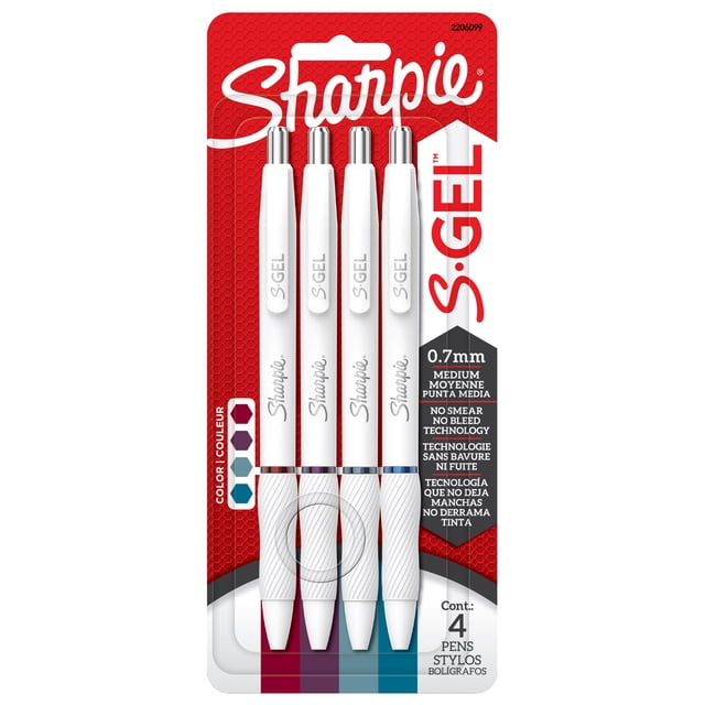 Sharpie S-Gel gel pens pack with four medium point (0.7 mm) pens featuring pearl white barrels and bold jewel ink colours including purple, burgundy, teal, and blue. Each pen has a contoured rubber grip and no smear, no bleed ink technology for smooth, vivid writing, suitable for office and school use.