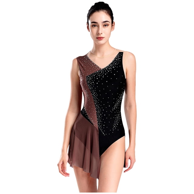 RUNQHUI Robe de Patinage Artistique Femmes Strass Scintillants Justaucorps de Danse Ballet pour Compétition Rose Poussiéreux m