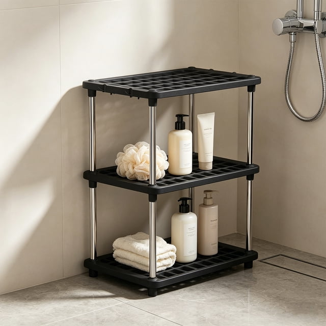 3-Tier Storage Shelf Unit Heavy Duty Plastic Organizer Rack for Kitchen Bathroom Pantry Laundry Room, Black, 55 x 42 x 21 cm, No-Tools Assembly