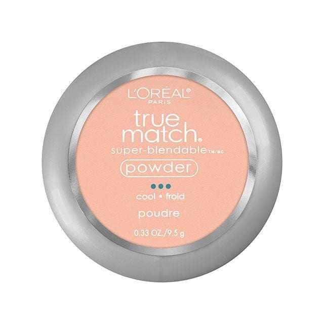 L'Oréal Paris True Match Powder 9.5 g in a round silver compact with a peach label, featuring super-blendable powder in a cool shade, designed to complement True Match foundation and concealer with natural matte finish and shine control.
