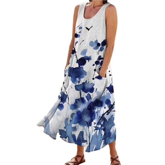 TJAZFJPA Robe Violette Mode Femme Col Rond Décontractée Imprimé Pissenlit 3D Sans Poignets Poche Longue Robe Débardeur Robe Décontractée Robes Noires pour Femmes Robes en Tricot pour Femmes