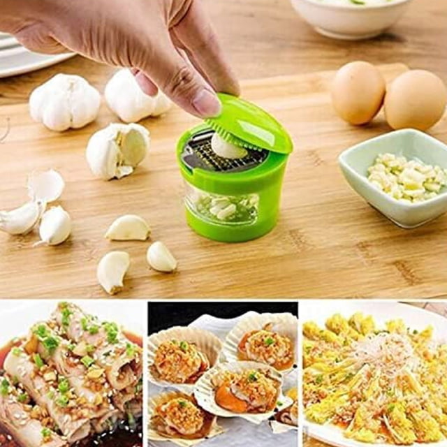 Outil de Cuisine Multifonction pour Ail avec Broyeur, Trancheur, Râpe et Contenant de Rangement Intégré pour Légumes Frais