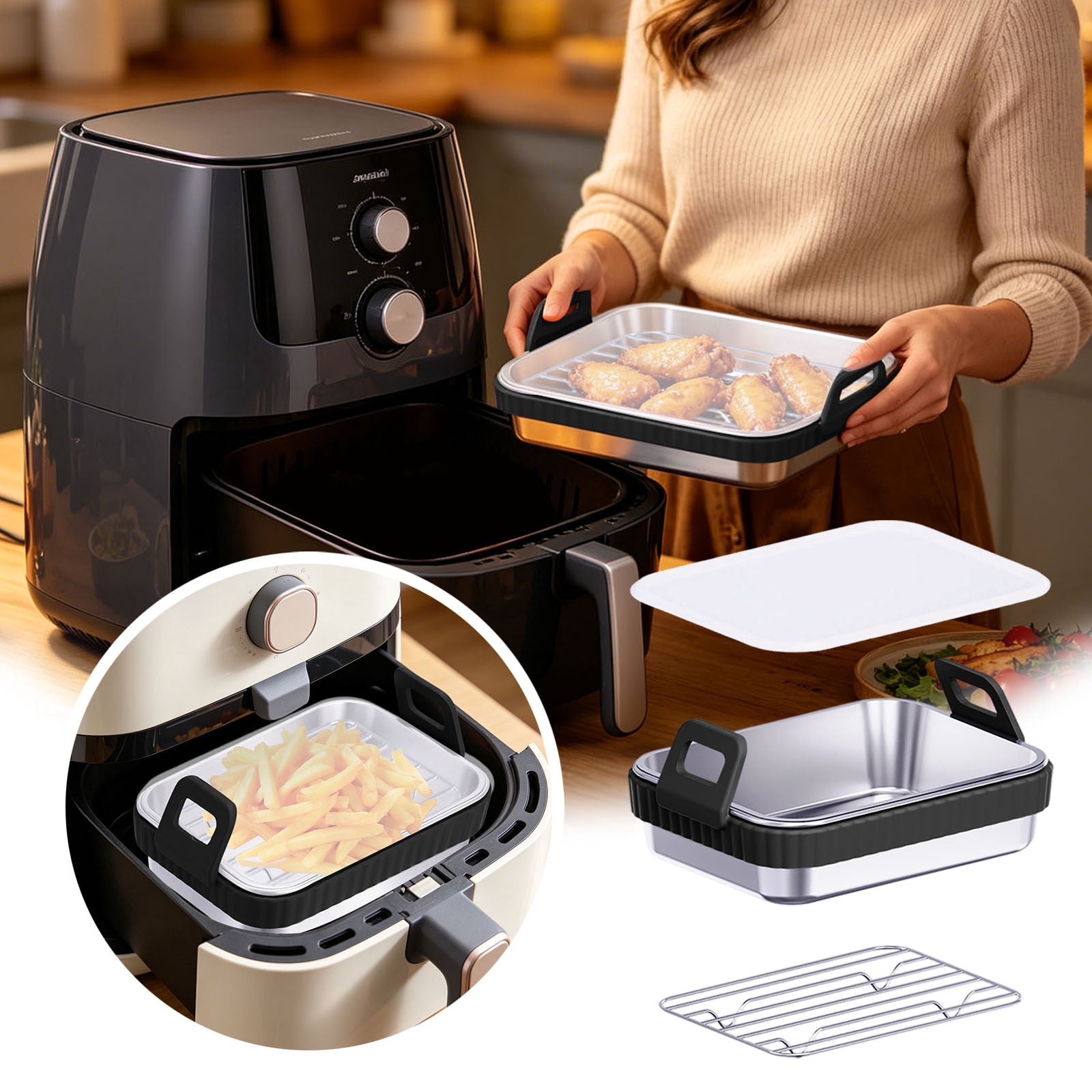 Outdor Air Fryer With Silicone Handle Air Fryer Tray Air Fryer Container Detachable Silicone Ring Dishwasher