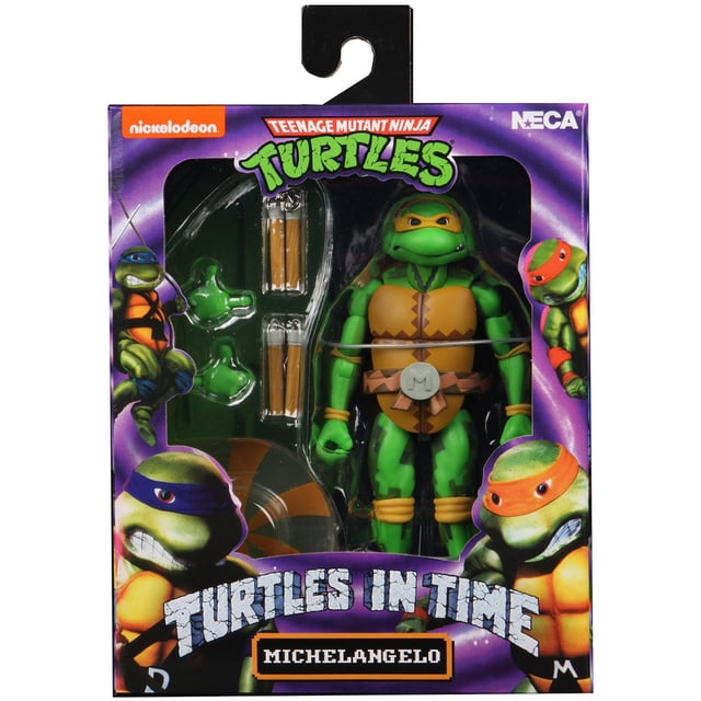 Teenage Mutant Ninja Turtles 6 Inch Action Figure Turtles In Time Series 2 - Michelangelo by Neca, a collectible action figure featuring Michelangelo in his orange mask and pixelated design inspired by the 1990s Turtles in Time video game. Includes nunchaku weapons, hoverboard with display stand, and comes in a vibrant window box with arcade-style graphics.