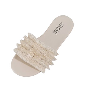 B91xZ Anti-Slip Slippers for Women Low Heels Square Open Toe Sandals Two Band Strap Slip On Block Chunky Woven Slide Sandals,Beige 7