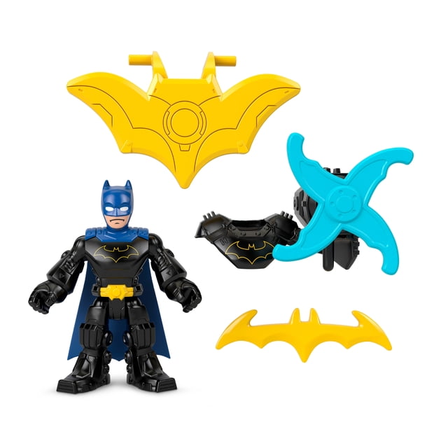 Fisher-Price Imaginext DC Super Friends Metal Force Batman Figurine Articulée et Ensemble d'Accessoires, 3 Pouces, Présentant une Figurine Batman Noire et Bleue avec Bras et Jambes Mobiles, une cape Bleue, une Ceinture Utilitaire Jaune et un Emblème de Chauve-Souris sur la Poitrine, avec des Ailes de Chauve-Souris Jaunes à Enclenchement, un Batarang Jaune, une Armure de Poitrine Noire avec Emblème de Chauve-Souris, et un Accessoire Lame Tournante Bleue pour Jeu Dynamique.