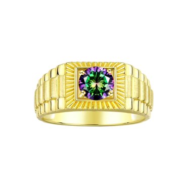 RYLOS Men's Ring Yellow Gold Plated Silver Ring, 7MM Round Shape Gemstone Designer Style Rings Alexandrite June Birthstone Rings Silver Size 8