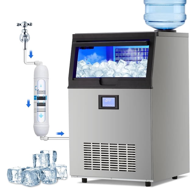 IdealHouse Commercial Grade Ice Maker Machine100lbs/24H,2 Water Inlet Modes,Stainless Steel Under Counter Ice Machine with 33lbs Storage Bin,Freestanding Ice Maker 50Pcs/Cycle