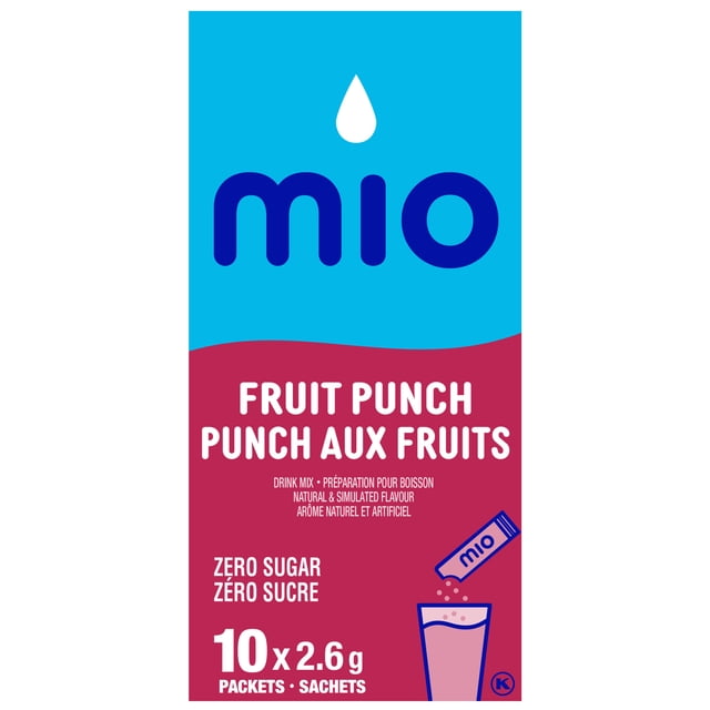 mio Fruit Punch Drink Mix box with blue and red design, containing ten 2.6 g packets of zero sugar fruit punch flavour, shown with an illustration of a packet pouring into a glass of pink drink, suitable for adding flavour to water.