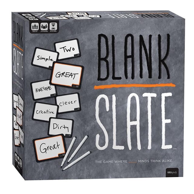 USAopoly BLANK SLATE card game box with a gray slate background featuring word cue cards with handwritten words like 'Simple,' 'Two,' 'Great,' and 'Creative,' plus three white dry-erase markers, designed for 3-8 players aged 8 and up with 20-35 minute playtime, suitable for kids and family card games and often used for creative word matching fun.