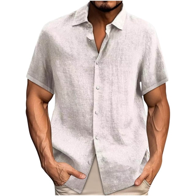 cfhntfmh Mens Button down Shirts Solid Summer Beach Vacation Tops Cotton Linen Short Sleeve Shirts