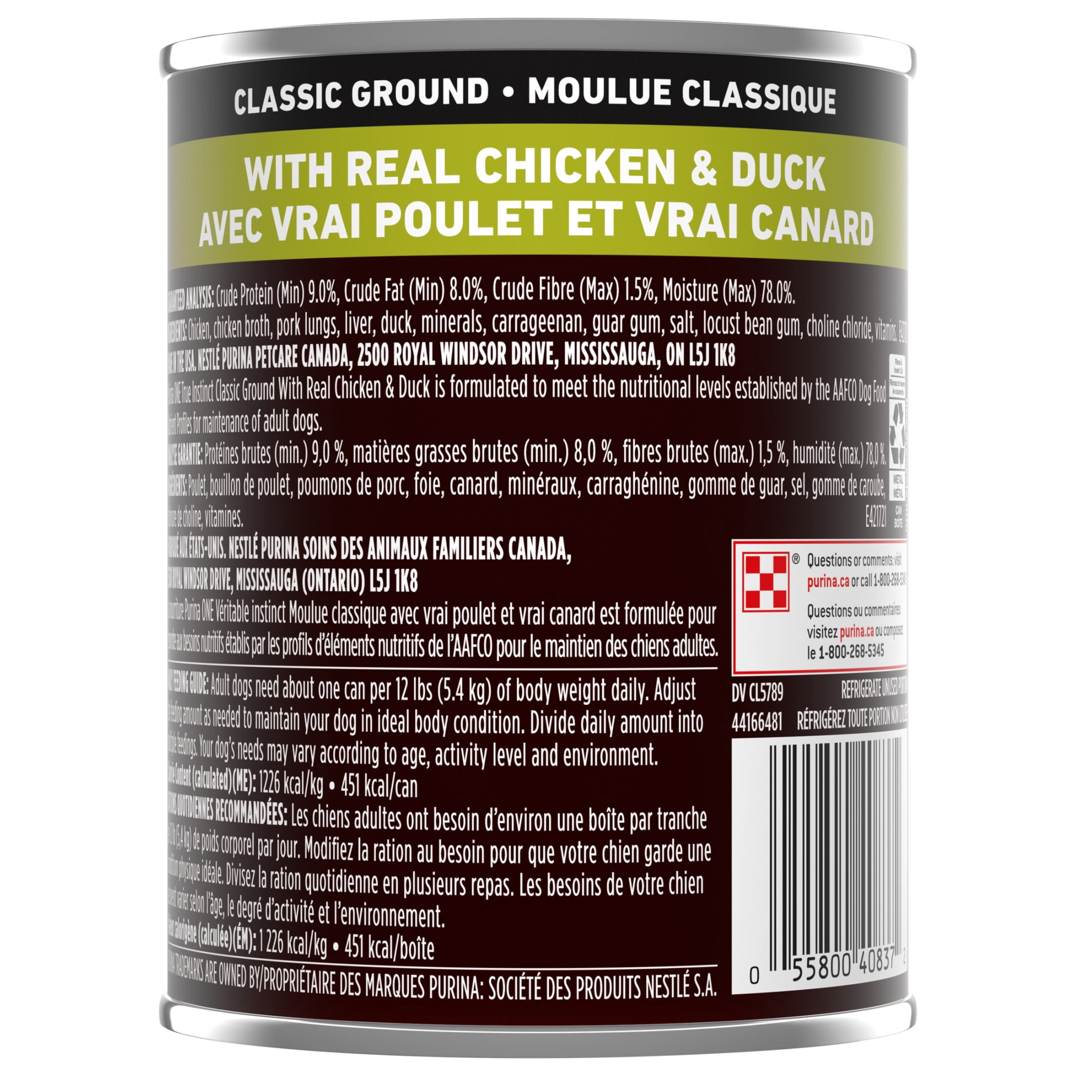 Purina ONE Véritable Instinct Moulue Classique Poulet et Canard, Nourriture Humide pour Chiens 368 g