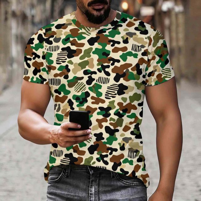 Ceisia T-Shirts à Col Rond pour Hommes à Imprimé Camouflage à Rayures, Hauts Décontractés Extensibles et Respirants à Manches Courtes Cadeaux
