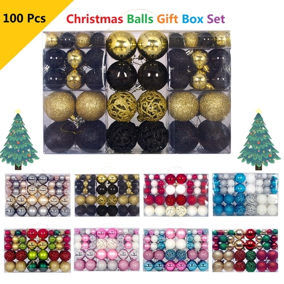 TopLLC 100 Pcs Christmas Balls Ornaments for Xmas Tree, Shatterproof Glitter Decorative Balls with 6 Styles in 3 Size, Christmas Tree Hanging Bauble Sphere Christmas Decorations for Holiday Party