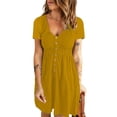 thumbnail image 3 of QUYUON Robe Chemise pour Femme Été Col Rond Manches Courtes devant Boutonné Robe Mini Coupe Évasée Couleur Unie Robes Décontractées Plissée Ligne A Robe de Plage Style A-212, 3 of 5