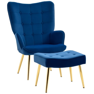 HOMCOM Fauteuil d'Appoint Moderne avec Ottoman Fauteuil Rembourré Bleu Foncé