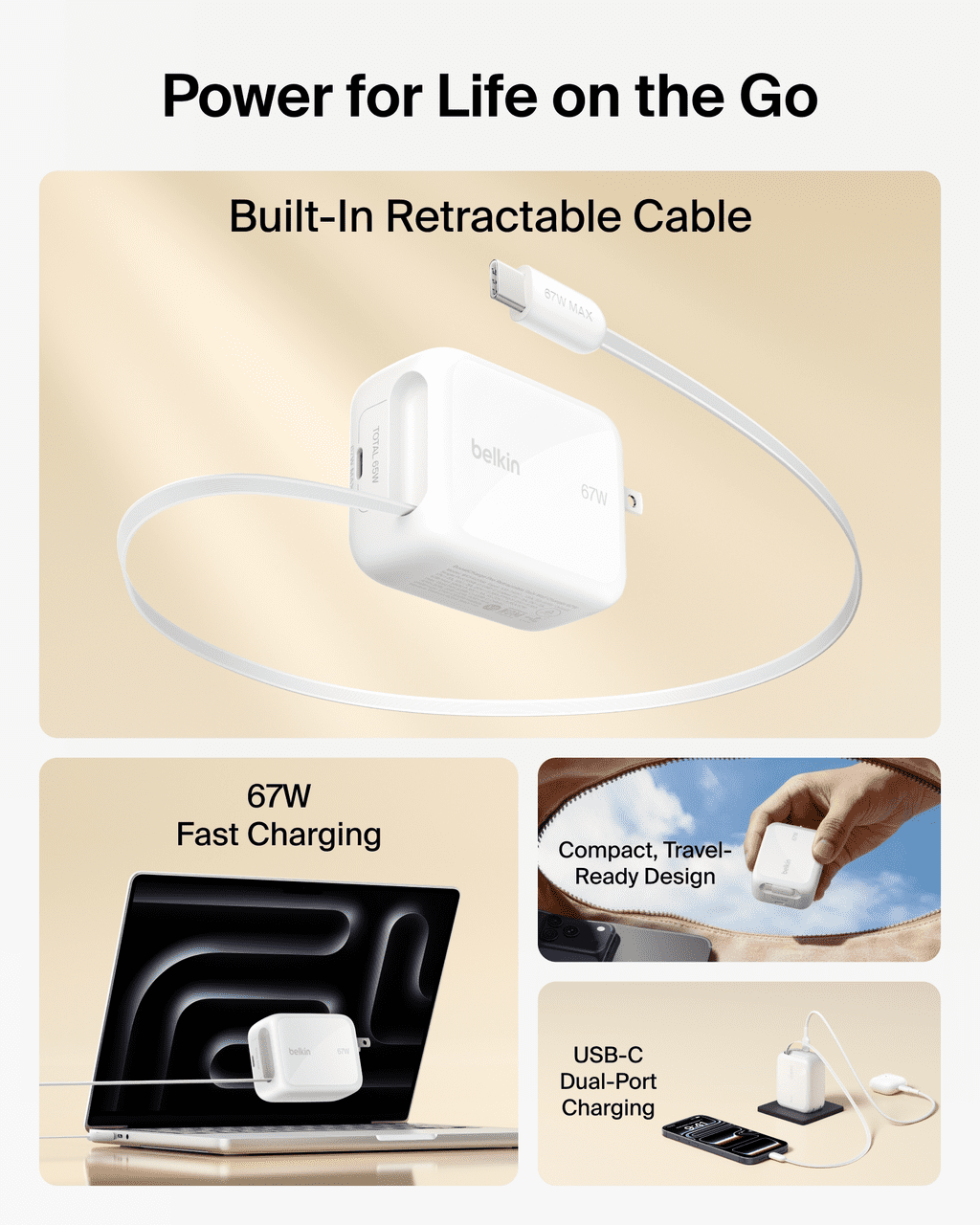 Belkin Chargeur mural 67 W à double ports USB-C avec câble USB-C rétractable (75 cm / 29,5 po), blanc