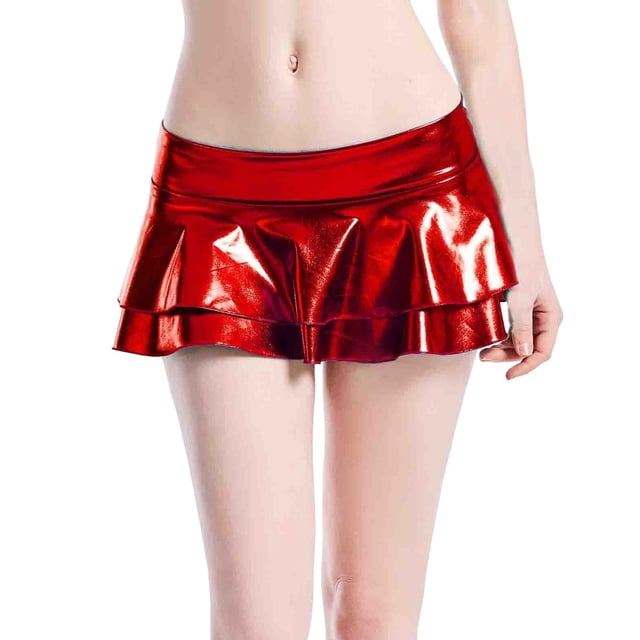 Women's Solid Shiny Metallic Wet Look Pleated Mini Skirts Low Rise Double Layer Flared A Line Dance Skater Skirt