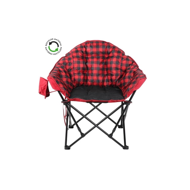 Ozark Trail Padded Club Chair, Lounger, Red Black, Adults, Polyester with red and black buffalo plaid padded backrest and armrests, black cushioned seat, durable black steel frame with wide feet for stability, fabric cup holder on the right armrest, and included carry bag for camping furniture portability.
