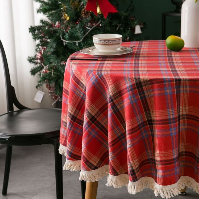 RKSTN Christmas Decorations Nappe Ronde 150 cm Coton et Lin Vert Rétro Nappe à Carreaux Lavable Table Basse Décorative Nappe de Jardin Cuisine Décoration de Noël