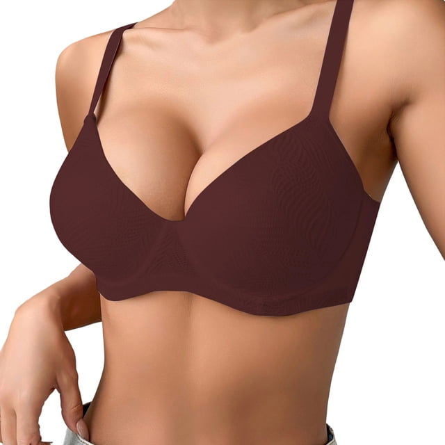 GPOECD Women's Comfortable Breathable Push Up Bra With Underwire Triple Hook Thin Solid Color Support Everyday Wear Wine,90B