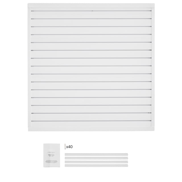 KFFKFF Slat Wall Paneling, 4 x 4 ft, white PVC garage slatwall with modular design. Includes trim strips, screws, and user manual for easy installation. Features 3-inch slot width for adjustable storage accessories, ideal for heavy-duty garage storage, workshops, and retail displays.