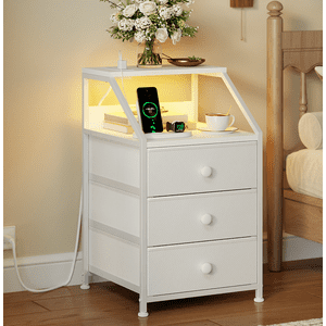 GUNAITO Nightstand with Charging Station Side Table with 3 Drawers End Table with Open Shelf Bedside Table with USB Ports and Outlets Nightstand for Bedroom,White