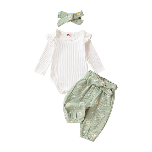 Splozh Toddler Girl Clothes Baby Outfits Girl Clothes Rib Knit Romper Daisy Print Pants Headband Baby Clothes for Girls Light Green,12-18 Months