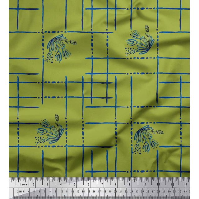 Soimoi Green Poly Georgette Fabric Leaves & Geometric Fabric Prints By Yard 42 Inch Wide