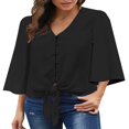 thumbnail image 4 of CHUANK Women‘s Button Down V Neck Tops Ruffled 3/4 Sleeve Tie Knot Front Blouses White Sizes S-2XL, 4 of 8