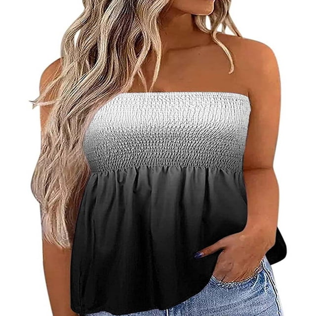 Women‘s Strapless Tank Tops Sleeveless Pleated Gradient Color Ladies Summer Boho Print Loose Fit Pullover