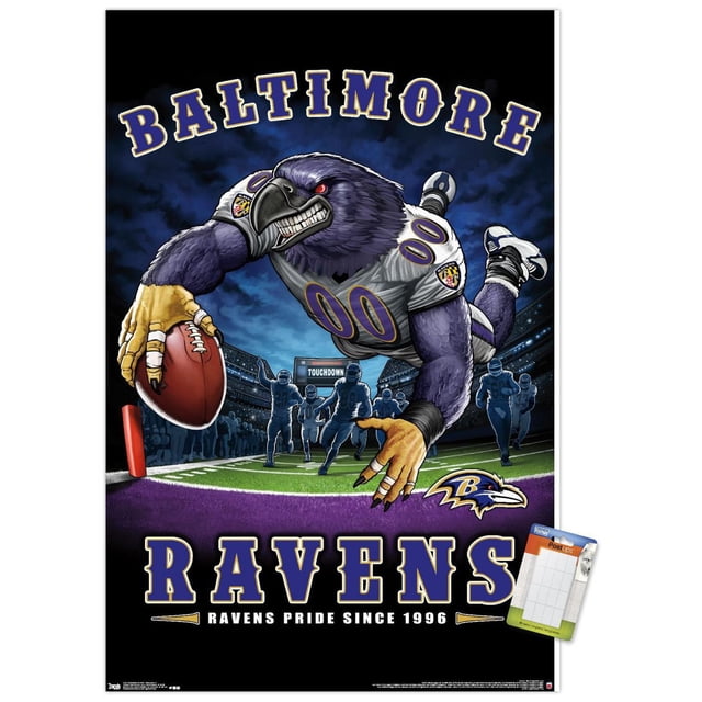NFL Baltimore Ravens - Affiche Murale End Zone 17, 14,725 Pouces x 22,375 Pouces Mettant en Vedette une illustration Détaillée de la Mascotte du Corbeau en Uniforme de football Blanc et Violet Plongeant avec un Ballon de football vers la End Zone sur un Terrain de Stade avec des Joueurs et des fans en Arrière-Plan, Texte Audacieux Lisant Baltimore Ravens and Ravens pride since 1996, Imprimée sur Papier d'Affiche Lust