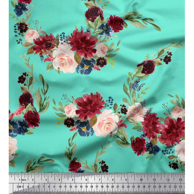 Soimoi Green Rayon Fabric Ranunculus & Penoy Floral Print Print Fabric by the Yard 42 Inch Wide
